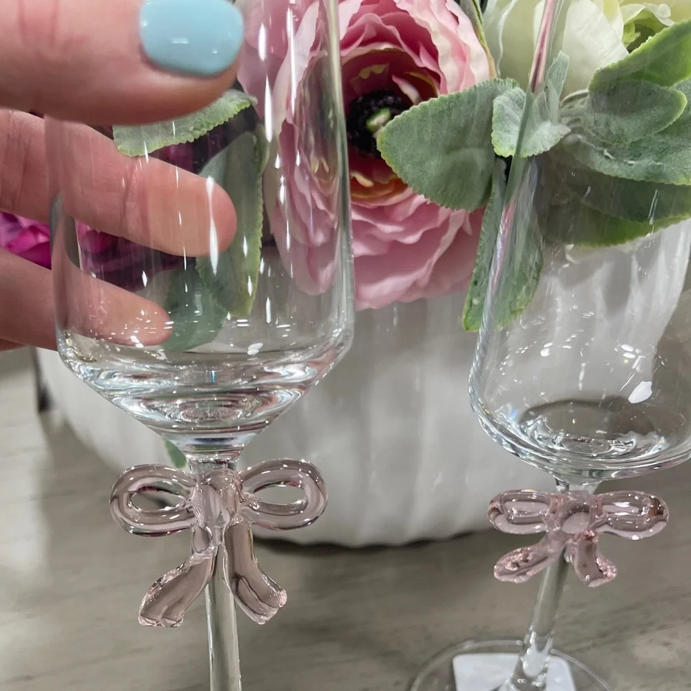 Pink Bow Ribbon Coquette Glass Champagne Flute Glasses Set of 2 NWT